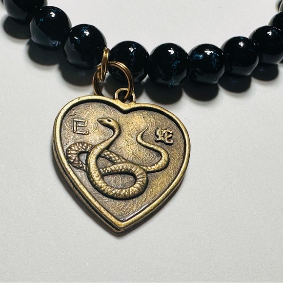 Chinese Horoscope Snake Sign Charm Stretch Bracelet Round Black Beads Adjustable - Picture 2 of 3